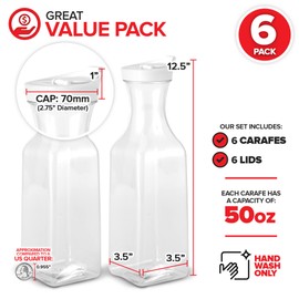 Plastic Juice Carafe with Lids (Set of 6) 50 oz Carafes for Mimosa Bar, Drink Pitcher with Lid, Water Bottle, Milk Container, Clear Beverage Containers for Fridge, Pantry Storage, Square Pitchers