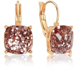 Square Earrings for Women - Rose Gold Earrings for Women, Rose Gold-Tone Leverback Earrings, Sparkle Earrings, Glitter Earrings, Rose Gold Earrings Dangle, Pink Glitter Stud Earrings, Pink Earrings