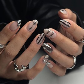 Silver Nails Press ons Short Almond Fake Nails Glossy Nude Press ons Nails