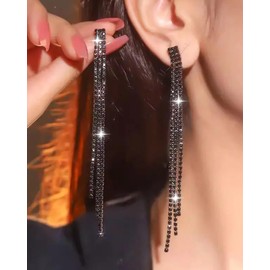 Black Earrings for Women Dangling Sparkling Black Rhinestone Earrings Bling Tassel Earrings Fringe Earrings Long Black Dangle Earrings Statement Crystal Earrings Wedding Prom Jewelry Accessories