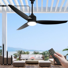 Outdoor Ceiling Fan with Light and Remote, 52-Inch LED 3-Blade Gazebo Fan for Patios, Plug-In, Waterproof DC Motor, 6-Speed Reversible, Dimmable, Timer, 3 Downrods, Black