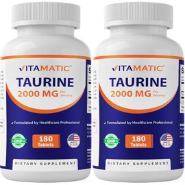 Vitamatic Taurine 2000mg Vegetarian Tablets, 180 Count, Non-GMO, Gluten Free - 2 Pack