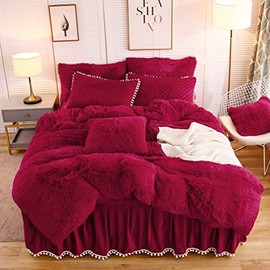 LIFEREVO Luxury Plush Shaggy Duvet Cover Set (1 Faux Fur Duvet Cover + 1 Pompoms Fringe Pillow Sham) Solid, Zipper Closure (Twin, Burgundy)