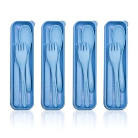 EcoGreen® - 4 Sets de Cubiertos de Paja de Trigo, Incluye: Cuchara, Tenedor y Cuchillo, Perfecto para Viajes u Oficina, 100% Biodegradables y Ecológic