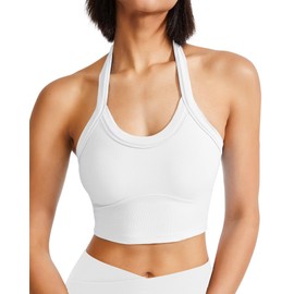 QUOJIZY Halter Sports Bra Longline Open Back Workout Top Ribbed Crop Tank Tops with Built in Bra Gym Yoga Push Up White