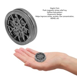 Hollow Hub Pattern Haptic Coin, Fidget Slider Coin Metal Fidget Toy Anxiety Stress Relief Push Slider Toy for Fun Office Desk (Silver Black)