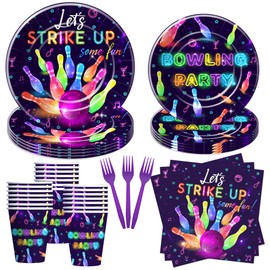 YJRJSC Bowling Birthday Party Supplies, Strike Up Some Fun Bowling Ball Party Decorations Tableware for Birthday Baby Shower, Paper Plate, Cup, Napkin, Disposable Fork, Serves 24