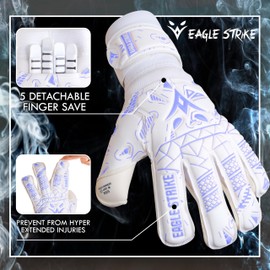 Eagle Strike Soccer Goalie Gloves - Fingers Protection, Sizes 5 to 11, 4mm German Giga Latex Pro-Level Gloves (White & Sky Blue, 9)