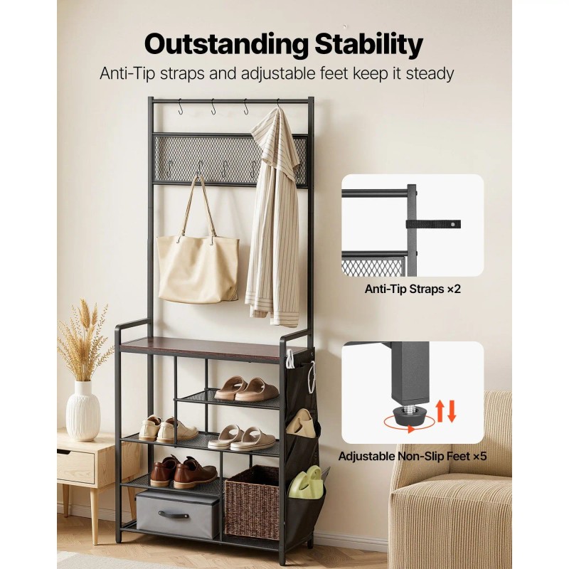 70.9 in Freestanding 4-Tier Shoe Rack Organizer with Hooks Side