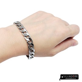 Silvadore 9mm Bracelet CUBAN Link Mens Silver Chain Flat Curb - Strong Solid Stainless Steel Miami Diamond-Cut - Teenage Boy Wrist Jewellery Gift - 19cm / 7.5 inch