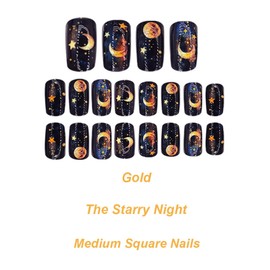 24Pcs Universe Press on Nails Stars Sky Fake Nails Glossy Yellow Gradient Stick on Nail Medium Square Acrylic Full Cover False Nail Moon Gel Glue on Fingernails for Holiday Manicure Art