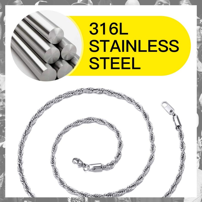 Suplight Stainless Steel Twisted Rope Chain Necklace with Lobster Clasp