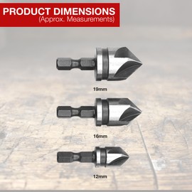 3pcs 1/4" Hex Shank 12mm/16mm/19mm Countersink Drill Bit For Wood & Soft Materials - Wood Working, PVC, Aluminium, Copper