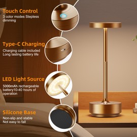ZenithLight 2 Pack Cordless Table Lamp Rechargeable - Waterproof, Touch 3-Color Lighting Portable LED Table Light for Outdoor,Patio,Restaurant.(2 Pack Titanium)