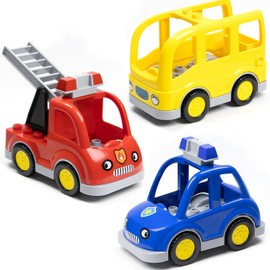 Mirthben 4-Piece Vehicle Building Blocks Set, Large Building Blocks Accessories with Fire Engine, Police Car, School Bus & Motorcycle, Compatible with Duplo Bricks, Large Building Blocks Toy for