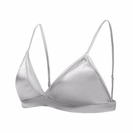 SilRiver Women Silk Padded Bralette Deep V Bra Wire Free Super Soft Comfortable for Sensitive Skin (Silver Grey, Medium)