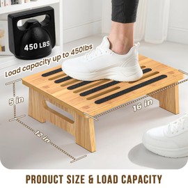 One Step Stool for Adults Seniors and Kids with Non-Slip Surface, Natural Bamboo Stepping Stools for High Bed, Bathroom and Kitchen, Hold Up to 450 LBS, Lightweight, Waterproof, Easy to Install