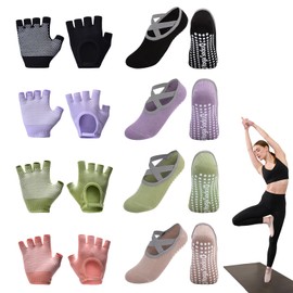 ZZBIQS 8 Pairs of Yoga Gloves and Socks, Non-Slip Yoga Pilates Socks, Finger Exercise Grip Gloves for Women with Handles & Straps, Ideal for Ballet, Hospital, Barre, Home Sports and Exercise