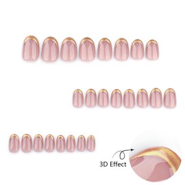 24Pcs French Tip Press On Nails Short Oval Nails Nude Fake Nails with Designs Reusable Glossy False Nails Gold French Acrylic Nails French Tips Glue on Nails for Women Girls Manicure Nail Decoration