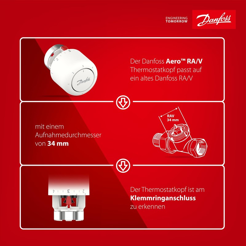 Danfoss Aero RAV Click Thermostatic Head with Built-in Sensor, 34