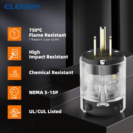 ELEGRP Lighted Straight Blade Plug, 15 Amp 125 Volt NEMA 5-15P 2 Pole 3 Wire Grounding Electrical Plug Replacement Cord Outlet, Commercial Grade, Black, 2 Pack