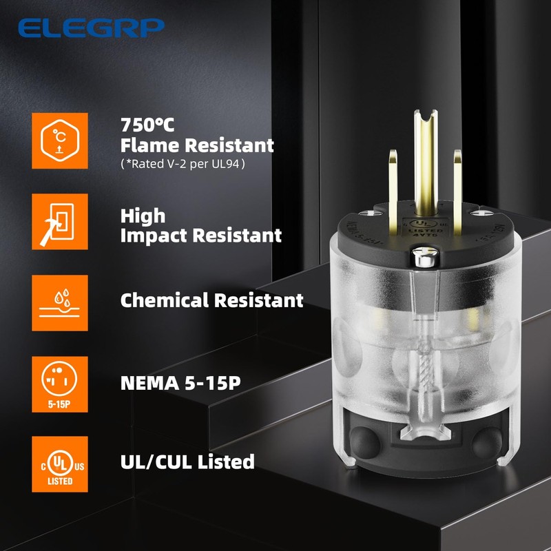 ELEGRP Lighted Straight Blade Plug, 15 Amp 125 Volt NEMA