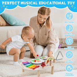 XIAPIA Drum Set for Toddlers 1-3, 11 in 1 Wooden Kid Musical Instruments, Montessori Toys for 1 Year Old, Early Learning Music Baby Musical Toy with Xylophone, Birthday Gift for Boys & Girls for 1 2 3