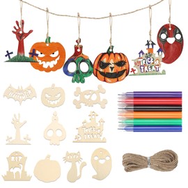 DERAYEE 20PCS Halloween Wooden Ornaments, Unfinished Wood Cutouts Kit Wooden Slices Hanging Crafts for Kids Halloween Decoration DIY Supplies