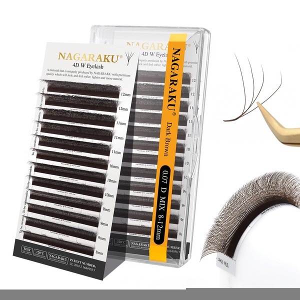 NAGARAKU Dark Brown 4D Lashes，W Shape Eyelash Extensions 0.07mm D