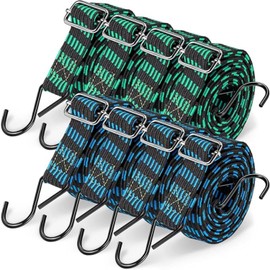 Saintrygo 8 Pcs 40 Inch Adjustable Flat Bungee Cords with Hook Heavy Duty Elasticity Long Bungee Straps 1 Inch Width Latex Straps Anti Rust Metal Buckle Luggage Rope (Green Black, Blue Black)