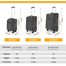 WireHot 3-Piece Softside Expandable Luggage Set with Front Open Pocket, Lightweight and Durable Oxford Fabric Suitcase Set with TSA Lock (Gray, 20in/24in/28in)