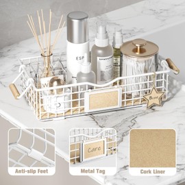 Qcold Bathroom Organizers and Storage, 4 Pack Storage Baskets for Shelves, Multipurpose Bins Organizer with Wooden Handles, Decorative Organizer Baskets Set for Bathroom, Laundry, Living Room - White