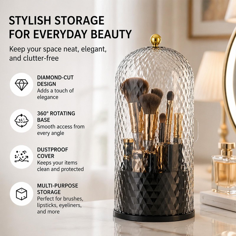 Makeup Brush Holder with Lid,3 Compartment Rotating Countertop
