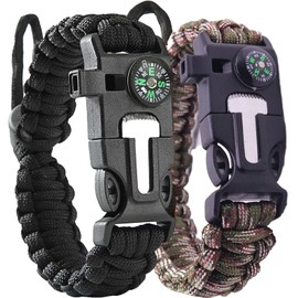 2 Pack Adjustable Paracord Bracelets Kit Ourtdoor Survival Bracelets Gift with Firestart Whistle Loudest Camping Compass