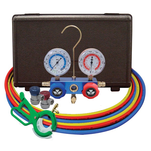 Mastercool (98661-PRO Blue R134a and R12 Dual Manifold Gauge Set with 2 Sets 60" Hoses, Manual Couplers and Side Mount Can Tap Valve
