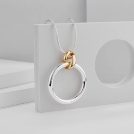 CLASSYZINT 30" Long Silver Necklace For Women Round Snake Chain Large Hoop Charm With A Gold Connector Link Pendant Necklace Sweater Necklace Gifts