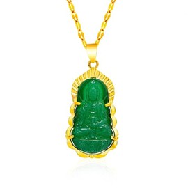 Kinsing Buddha Quan Yin Pendant Guan Yin Beaded Chain Necklace Jade Stone Beads Kwan-yin Chinese Feng Shui Amulet for Wealth Safe (Golden)