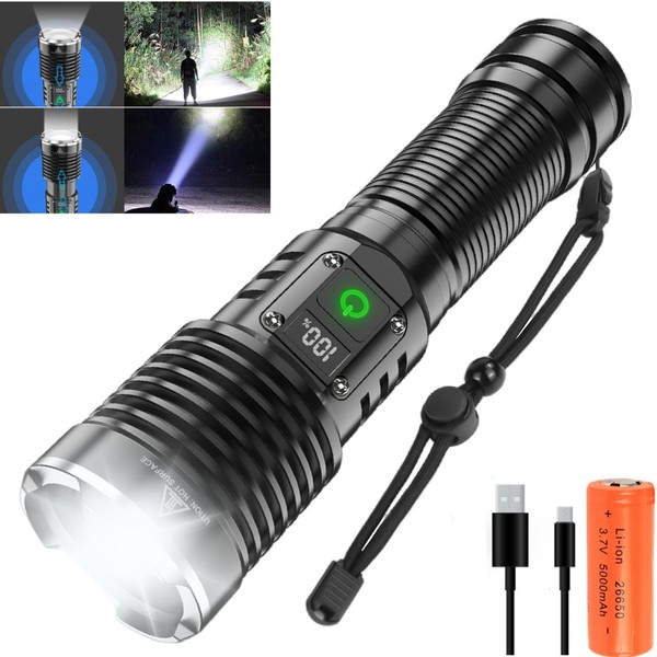 WINDFIRE Torches LED Super Bright,Powerful Rechargeable Torch 30000 Lumens XHP70.2 Tactical LED Flashlight,5 Light Modes,Waterproof Zoomable USB Hand Torch for Walking Camping Emergency Gifts (M)