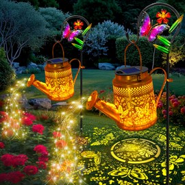 2 Pack Solar Powered Butterfly Watering Can Lights Waterproof Outdoor Decor with Shepherd Hook Hanging Patio Lights for Yard, Garden, Backyard Perfect Gardening Birthday Gift for Women, Mom, Grandma