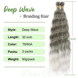 Eerya Long Curly Braiding Hair 30 Inch 2 Packs Ocean Wave Crochet Hair for Black Women Deep Wave Braiding Hair for Boho Braids（30 inch, T8/60A）