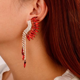 Xerling Red Rhinestones Fan-Shaped Tassel Earrings Bridal Crystal Statement Fringe Chandelier Earrings for Wedding Bling Dangling Earrings for Women (Red)