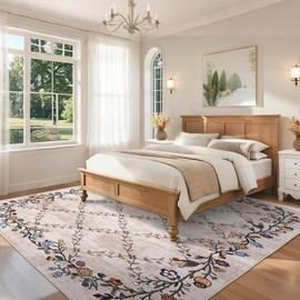 GarveeHome 8x10 Washable Floral Area Rugs for Living Room: Modern Floral Non Slip Large Area Rugs for Bedroom, Large Machine Washable Living Room Low Pile Carpet with Non-Slip Backing Beige 8'x10'.