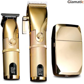 GLAMATIC BR Barbers Hair Clippers Gold for Men Full Metal Cordless Close Cutting T-Blade Trimmer with LED Display Professional Barbershop Barber Clipper Set Shaver Trimmer Razor Kit