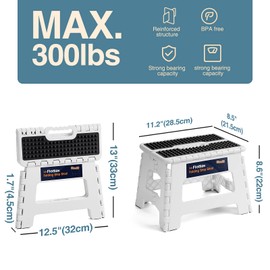 Flottian 9" Folding Step Stool for Adults and Kids Holds Up to 300 lbs,Non-Slip Folding Stools with Portable Handle, Compact Plastic Foldable Step Stool for Bathroom,Bedroom, Kitchen White