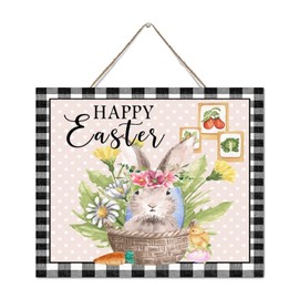 Autravelco Happy Easter Bunny Rabbit Buffalo Check Room Decor Signs Vintage Wood Sign Positive Yellow Blue Floral Tulip Wall Art Wood Plaque Sign Home Decor for Bathroom Porch 10x12 Inch