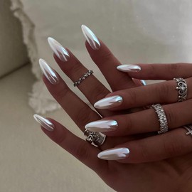 Long Acrylic Nails with White French Tip, Set of 24 pcs, concise style for work or dating, Almond shape,