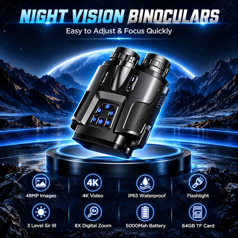 Night Vision Binoculars for Outdoor Viewing – 4K Recording, 8X