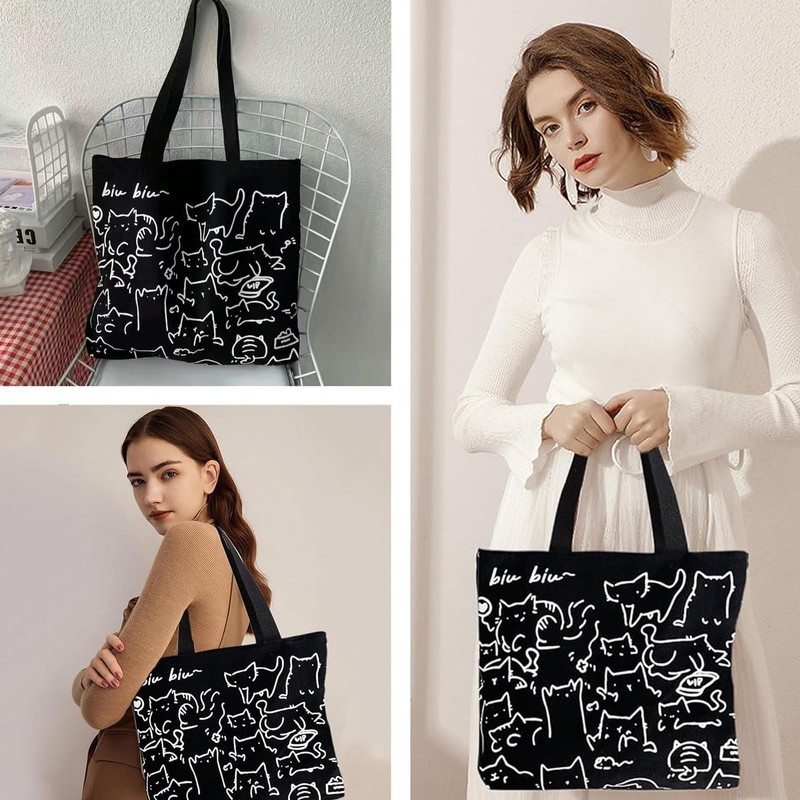 Eowppue Charming Canvas Tote Bag with Cute Cat Pattern, Versatile