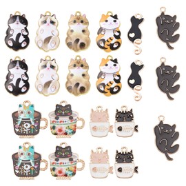 SUNNYCLUE 40 Pcs 10 Types Cat Charm, Cat Charm, Cherry Blossom Charm, Enamel Cute, Cherry Blossom Charm, Moon Parts, Flower Piercing, Cat Petal Earrings, Cherry Blossom, Necklace, Cat, Leaf Bracelet,