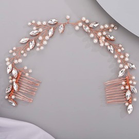 Lenjicons Wedding Rhinestone Hair Comb Luxury Pearl Rhinestone Headband Hair Comb Elegant Bridal Hair Accessory Handmade Pearls Crystal Wedding Headpiece for Women (rose gold)